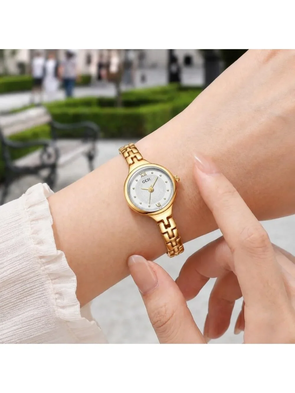 Women’s Gold White Dainty Bracelet Quartz in Small Round Dial Alloy Band Watch